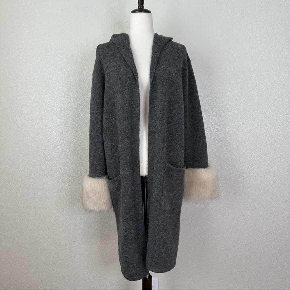 Patrizia Luca Milano Wool Blend Gray Hooded Faux Fur Cuffs Cardigan, Size XL